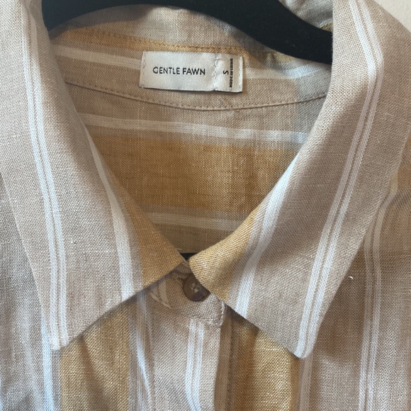 Gentle Fawn Women’s Yellow Mustard Vertical Stripe Button Down Linen Top - Picture 3 of 7
